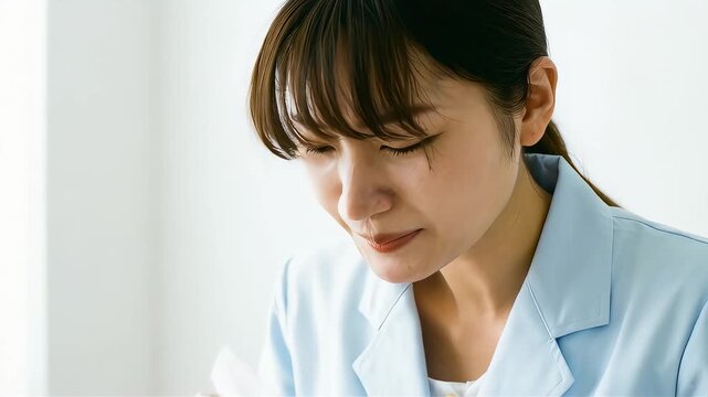 室内で辛そうに鼻をかむ日本人女性。花粉症や鼻炎の激しい症状