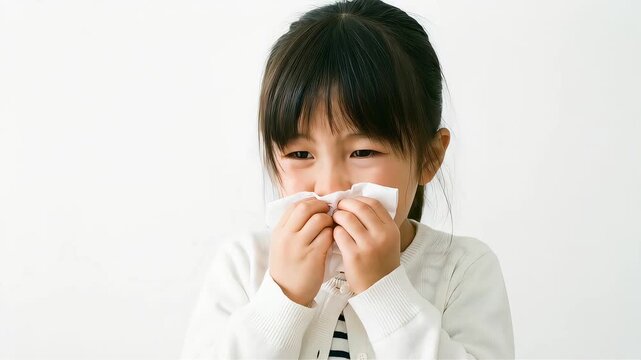 室内で辛そうに鼻をかむ日本人女性（女の子）。花粉症やアレルギーの症状イメージ