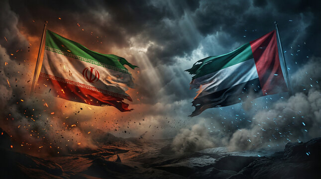 Iran and UAE Flags Facing Off in Political Tension Concept Dramatic geopolitical tension concept showing Iran and United Arab Emirates national flags facing each other against a stormy, cinematic back