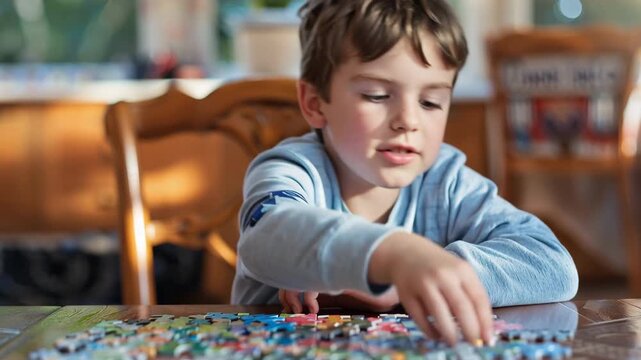 Boy with autism solving jigsaw puzzle