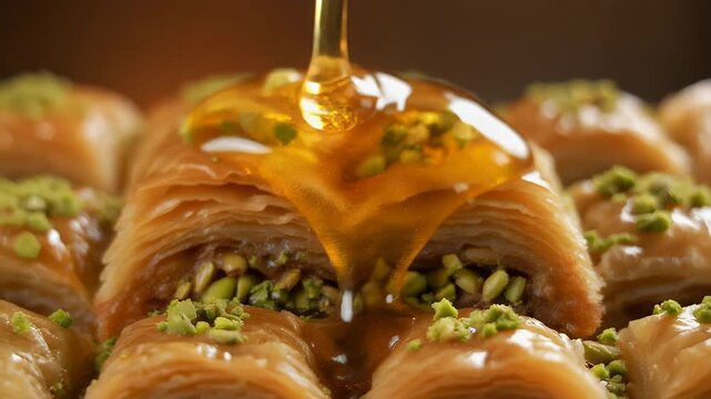 Golden phyllo pastry baklava with chopped pistachio is drizzled with sweet syrup on a wooden plate, dessert footage