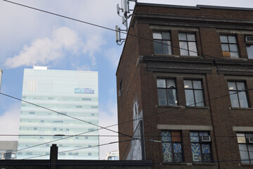Naklejka premium looking north from Dundas St W to SickKids Peter Gilgan Centre for Research and Learning building, Toronto
