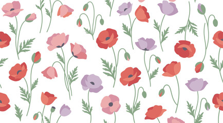Poppy flowers seamless pattern with colorful blossoms and buds, creating a beautiful and delicate floral design for various applications.