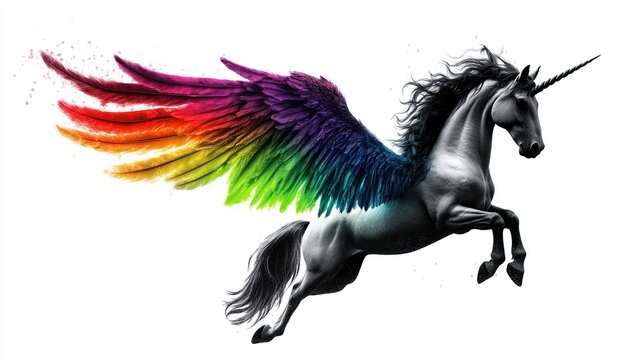 Rainbow-Winged Silver Pegasus Unicorn with Multicolored Wings in a Reared Pose