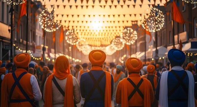 Sikh community celebrating Vaisakhi festival in a vibrant street parade. People in traditional orange and blue turbans walking during the harvest festival