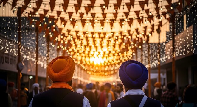 Traditional Vaisakhi celebration featuring a crowd in colorful turbans. Punjabi cultural harvest festival parade with festive street decorations