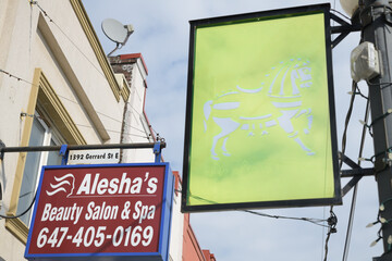 Naklejka premium wall mounted projecting sign outside Alesha's Beauty Salon & Spa located at 1392 Gerrard St E, Toronto (Gerrard India Bazaar) with decorative panel