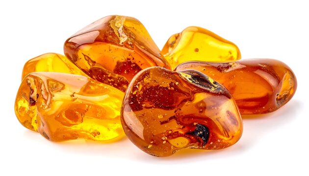 Amber stones with inclusions, close-up view of fossilized resin.