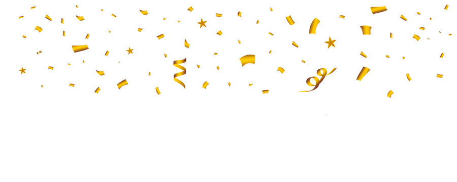 Celebratory banner with falling gold and silver confetti and streamers on a white background.