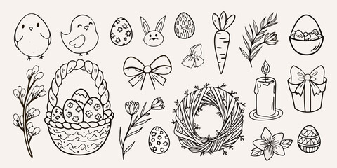 Hand drawn easter elements including chicks bunnies eggs and floral designs