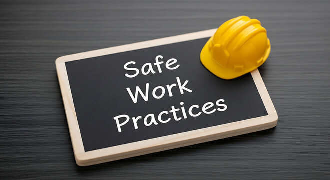 Safe Work Practices Chalkboard with Yellow Hard Hat on Wooden Desk