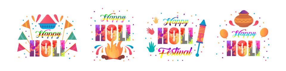 Obraz premium Set of four vibrant graphic designs for the Happy Holi festival of colors.