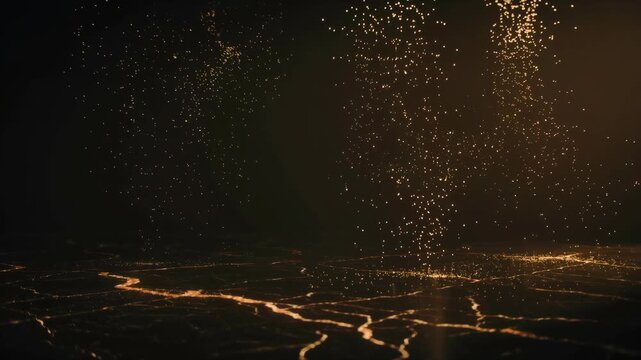 Luxury cinematic background featuring black marble floor with subtle gold veins and slow falling golden dust particles illuminated by warm backlight. Ideal for jewelry advertising, premium branding 