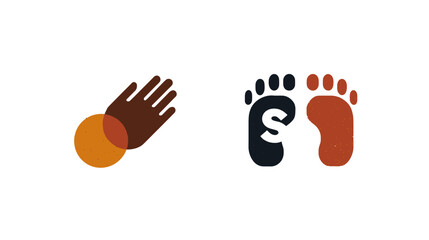 Obraz premium Abstract vector icons showing diverse hands reaching and footprints with a dollar sign, representing connection, support, and financial journey.