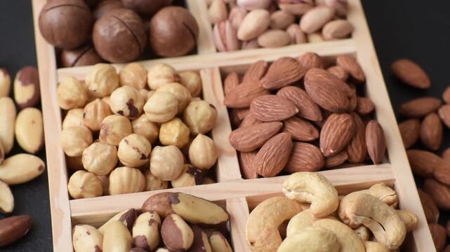 A mix of cashews, pistachios, almonds, brazil nuts, macadamia and hazelnuts as healthy food ingredients. Nuts as a food background for your design