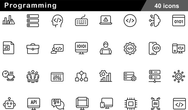 Programming Thin Line Icons Set Software Development, Coding Syntax, Backend Infrastructure, API Integration and Digital Logic Symbols for Developers