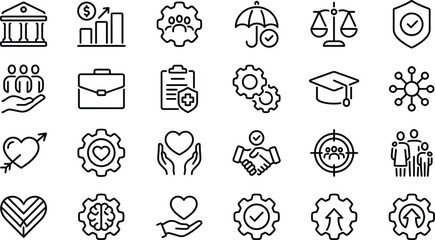 Fototapeta premium Set of 20 Black and White Line Art Vector Icons for Business Finance Law and Communication Pack