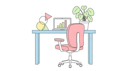 Fototapeta premium A pink office chair sitting at a desk with a computer and plant