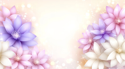 Obraz premium Soft pastel flower background with glowing light effects and sparkles, featuring purple, pink, and white petals creating dreamy and delicate atmosphere for design