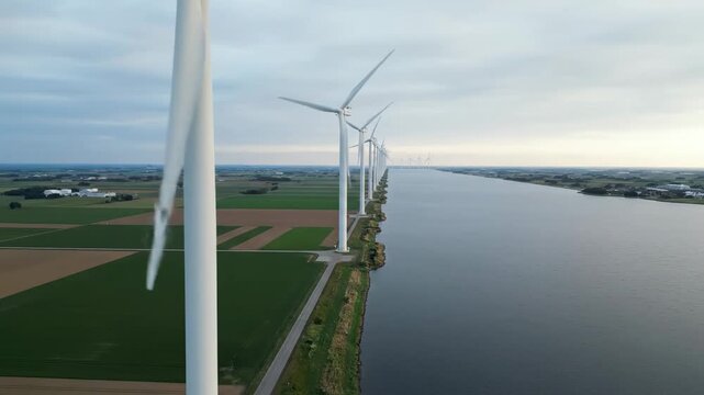 Sustainable Future. Aerial view of wind turbines lining a river for environmental projects.