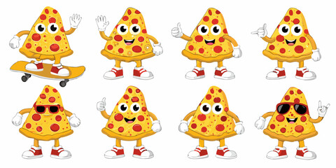 Fototapeta premium Cartoon pizza slices with faces displaying various hand gestures and poses