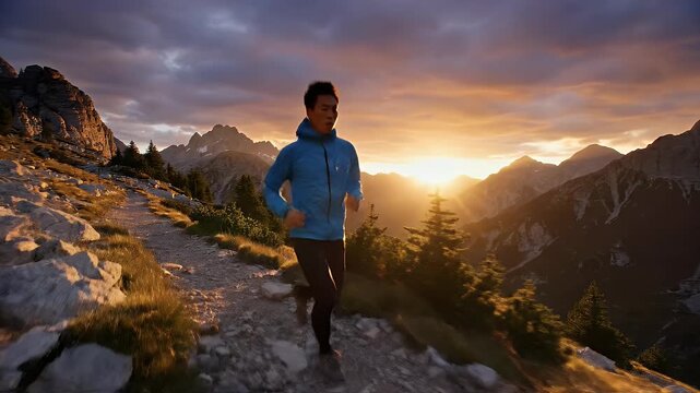 A runner strides along a mountain trail at sunset. The sky is ablaze with color, framed by peaks