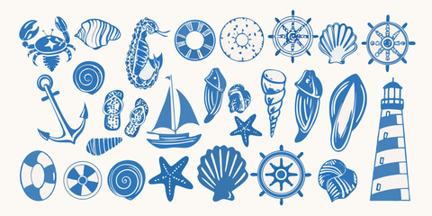 Collection of blue nautical illustrations featuring shells boats and sea life © Shabita