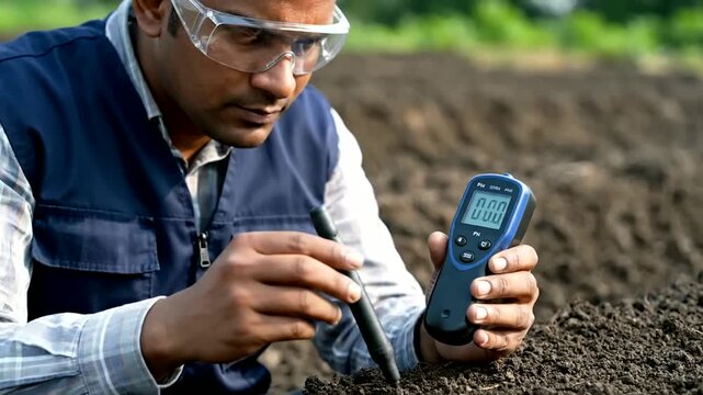 Farmer measures soil using digital tester for cultivation in agricultural field or technician checks ph levels of soil with meter for farming in countryside