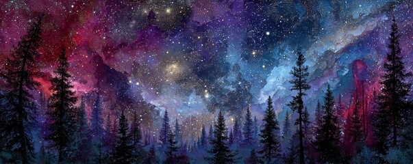 Fototapeta premium Forest silhouette beneath vibrant, colorful starry nebula. Pine trees stand tall