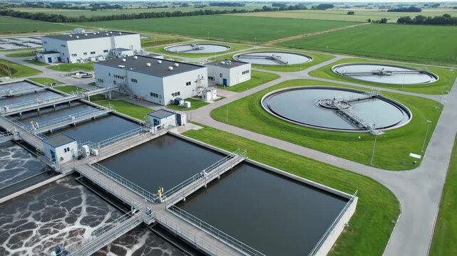 Sustainable Infrastructure. Aerial view of a modern wastewater treatment plant, perfect for environmental and industrial projects.