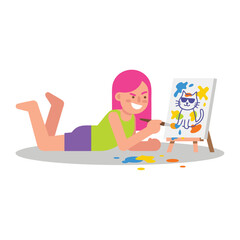 Obraz premium Young girl painting a cat on canvas.