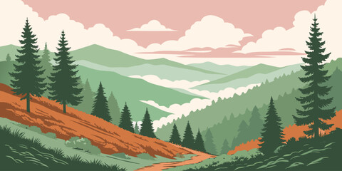 Mountain valley with pine trees and layered hills showing serene wilderness scenery, hiking destination, environmental conservation theme, and nature travel concept. © yossi