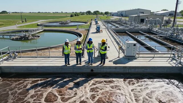 Professional Female Engineers Collaborating at a Modern Wastewater Treatment Plant for Industrial and Environmental Projects.