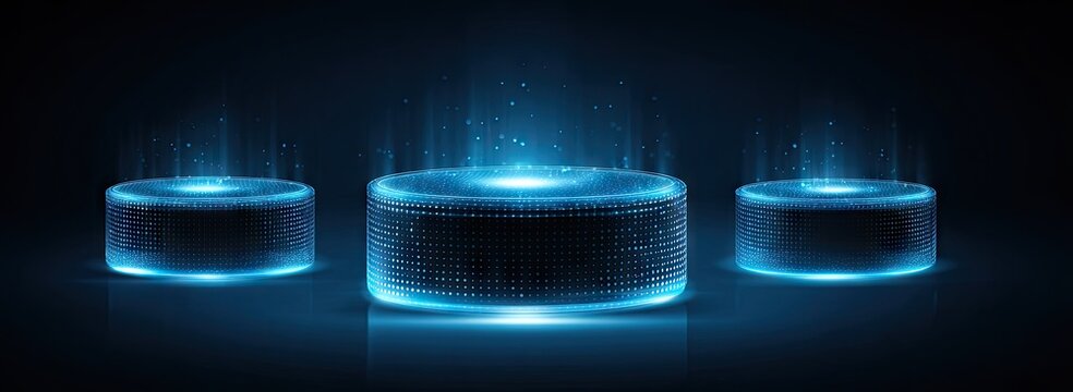 Abstract illustration of three platforms emitting light in digital futuristic style