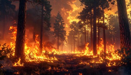 Fototapeta premium Intense forest fire engulfing tall trees with flames licking at the trunks and dense foliage ablaze, depicted in a dramatic and realistic artistic style, set against a backdrop of a hazy, fi