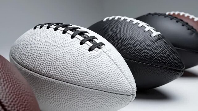 American footballs of various colors lined up on grey