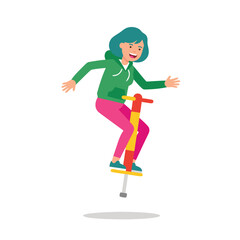 Fototapeta premium Young Woman Enjoying a Pogo Stick Ride Outdoors.
