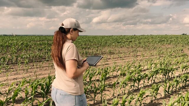 agriculture, farmer working corn field digital tablet, Crop management software in use, Young agronomist on a field, Woman applies digital tools in agriculture, Corn seedlings in neat rows, Digital