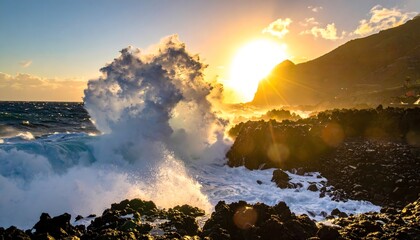 Fototapeta premium Dramatic ocean wave crashing against rocky shoreline at sunrise with vibrant colors and dynamic splashes in a beautiful seascape with a serene atmosphere and majestic mountainous landscape i