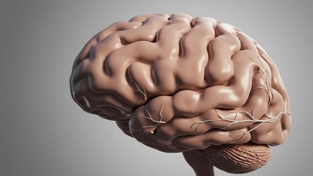 Realistic 3D human brain model on a gray background