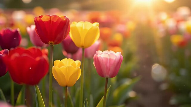 A field of colorful tulips bathed in warm sunlight, with focus on vibrant close-ups