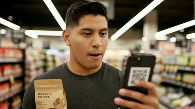Man scans coffee qr code in supermarket to verify origin or man uses smartphone traceability app in grocery store for organic coffee