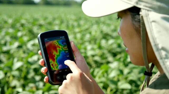 Young farmer analyzes crops using ai app in field on sunny day or Modern farmer uses ai mapping app for crop management in soybean field