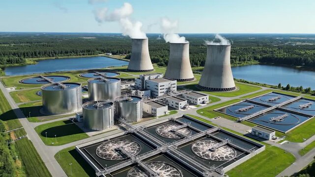 Sustainable Energy Production. Aerial view of a power plant with cooling towers and a water treatment facility, perfect for environmental and industrial projects.