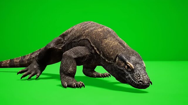 A detailed, full-body shot of a large Komodo dragon lizard walking on a plain green background