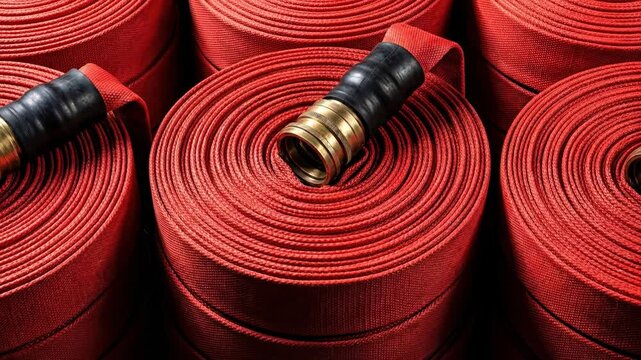 Close up of multiple rolls of industrial red fire hoses with brass nozzles arranged in a pattern for emergency response and fire safety equipment in a warehouse.