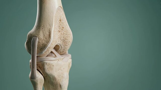 Detailed 3D medical illustration of a human knee joint showing bone structure, ligaments, and tendons against a clean teal background for healthcare and educational use.