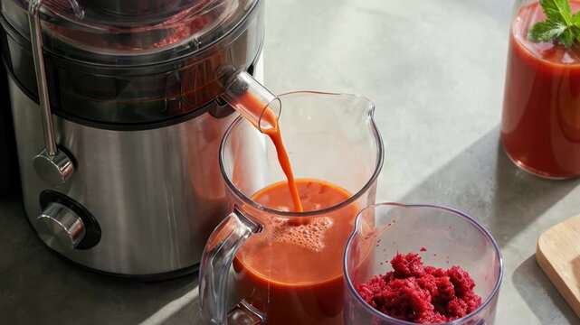 Wide shot of a modern electric juicer pouring fresh red juice into a glass pitcher on a kitchen counter with sliced blood oranges and beets on a wooden cutting board.