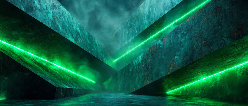 Futuristic abstract background of folded green metal sheets with glowing seams and layered angles