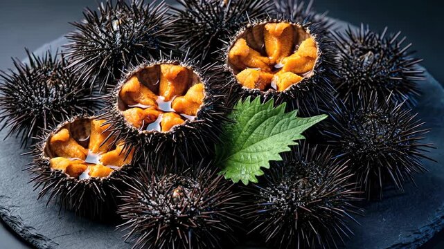 Close up of fresh raw sea urchins opened to reveal vibrant orange uni roe served on a dark slate plate with a green shiso leaf in a high-end gourmet Japanese restaurant.